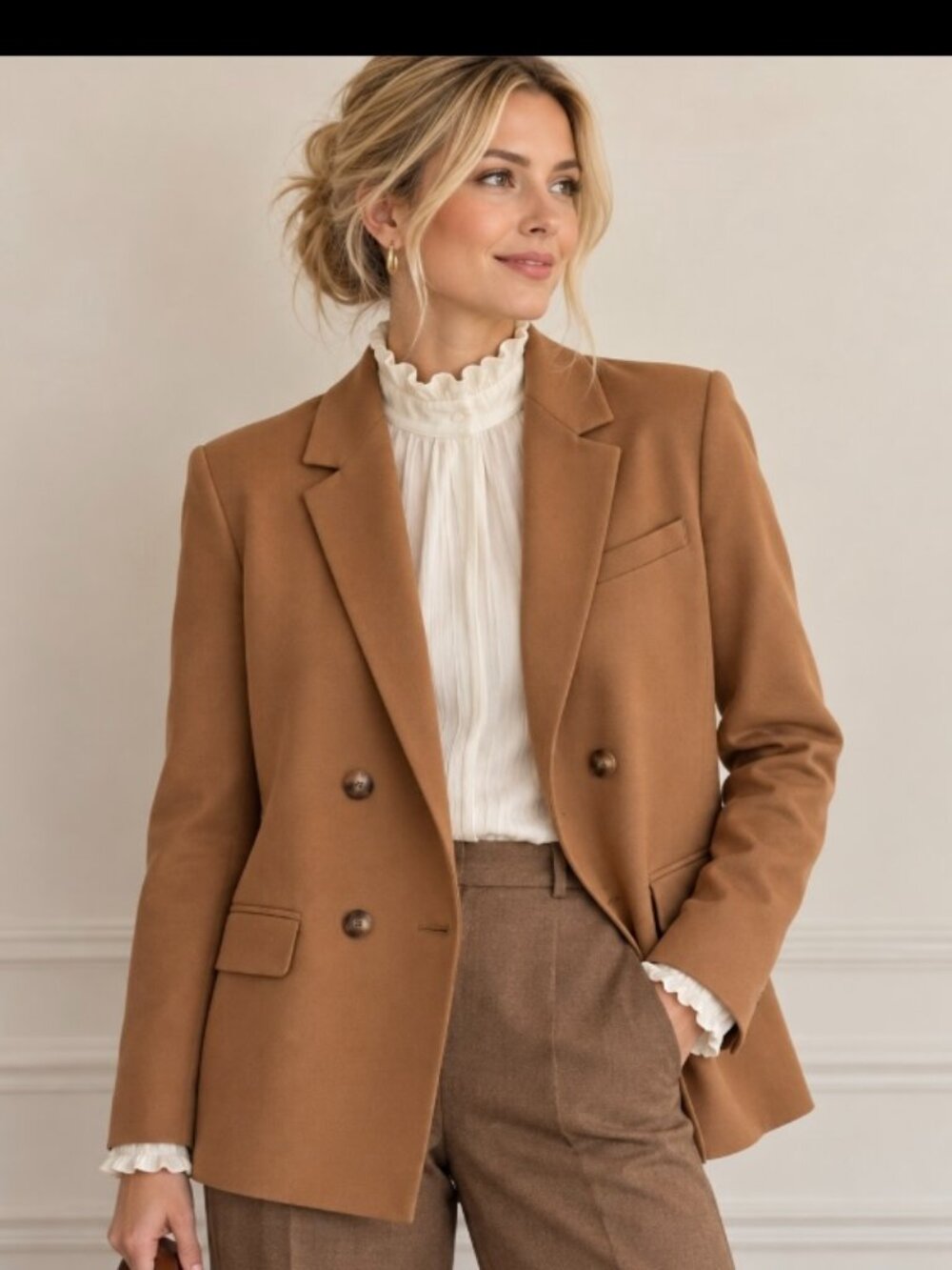 Sezane women's camelL colored double breasted blazer size Meds NWOT Office